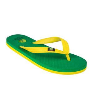 FR33 EARTH Green and Gold thongs made from natural rubber, featuring a vibrant color scheme and a comfortable design.