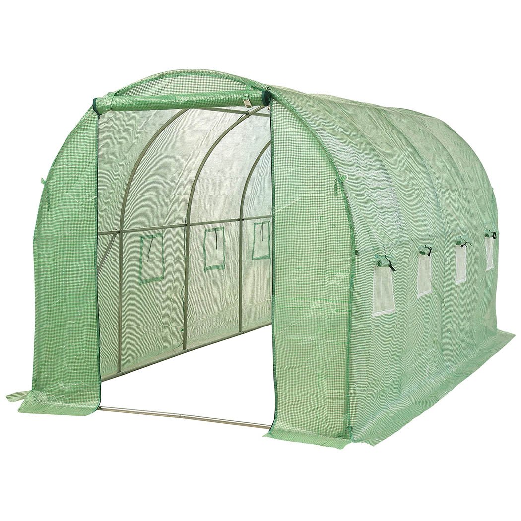 A spacious outdoor greenhouse with a durable green PE cover, featuring a front roll-up zipped door and ventilation windows, ideal for protecting plants.