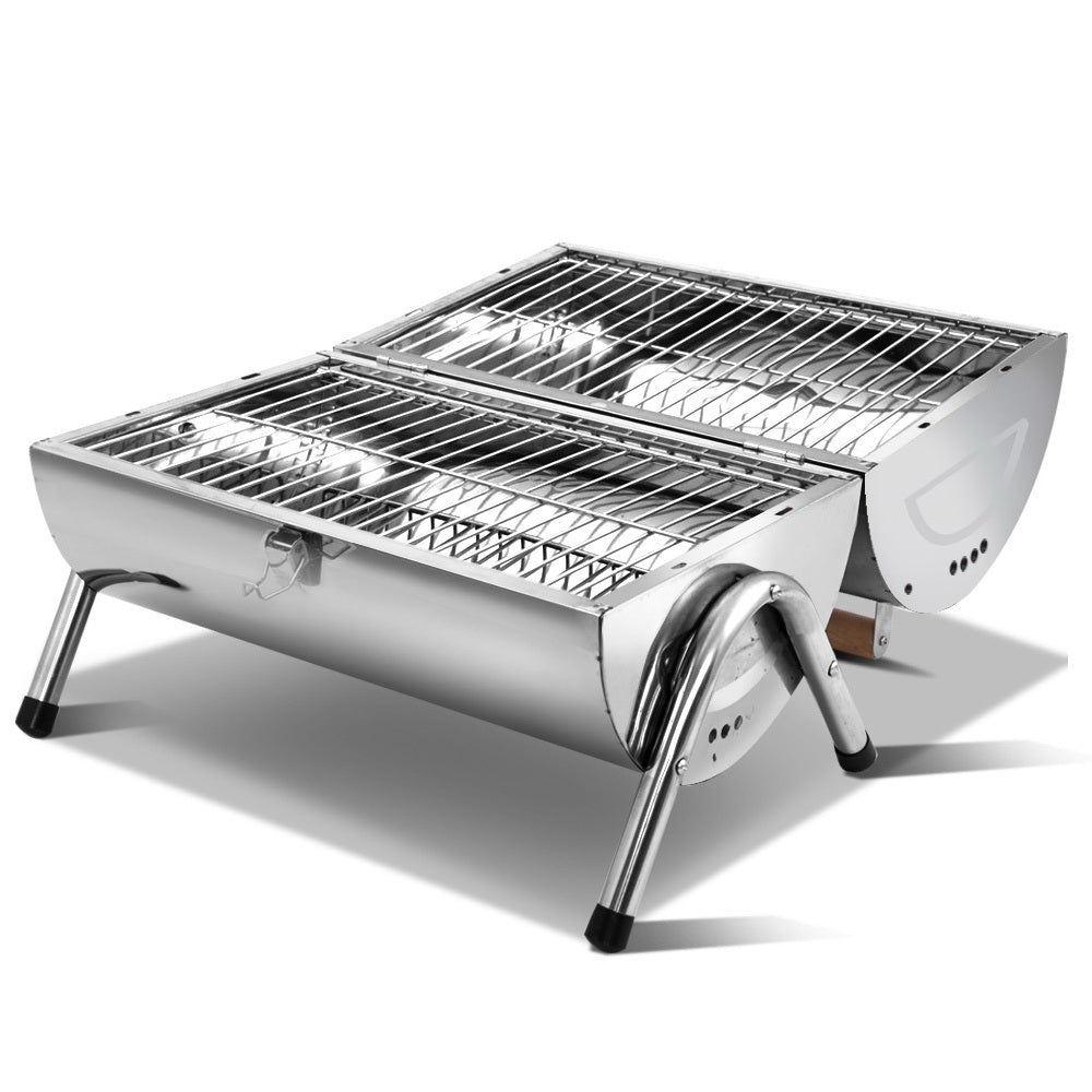 Grillz Portable BBQ featuring a heavy-duty stainless steel design, compact size, and scald-proof handle, perfect for outdoor grilling.