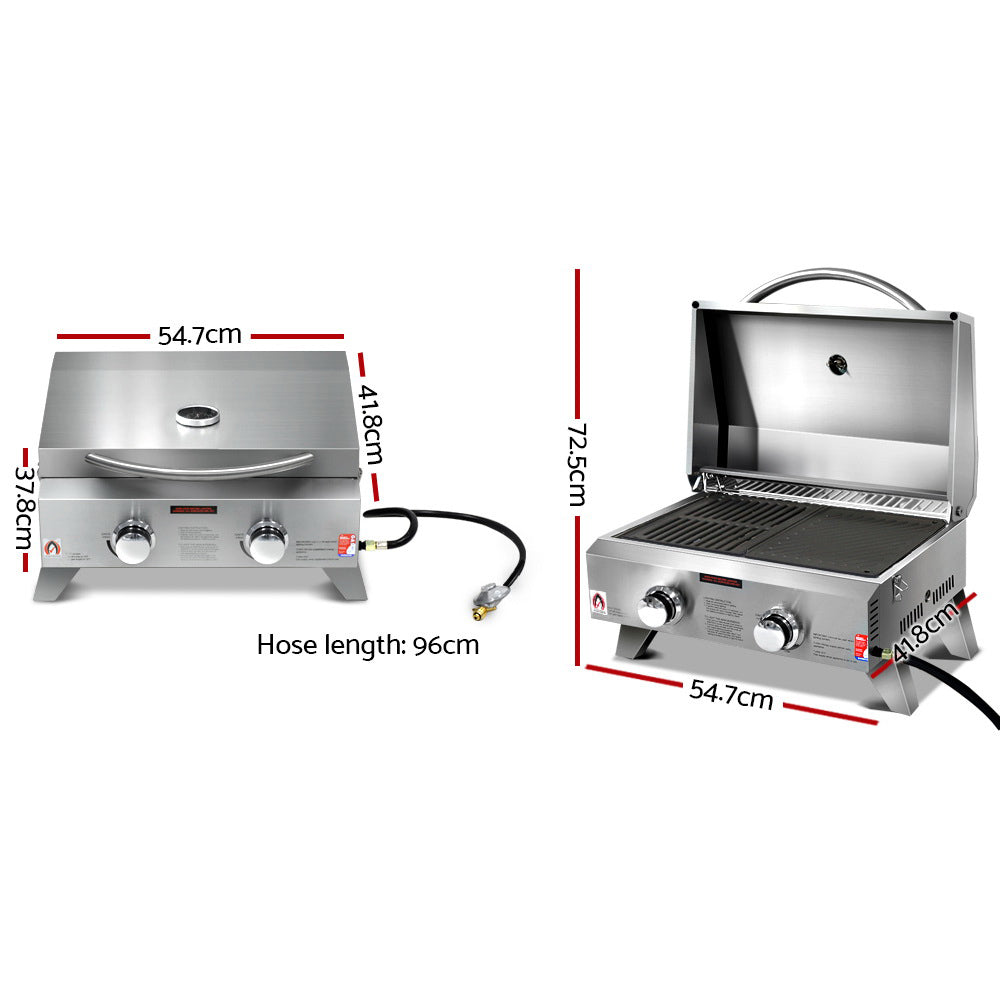 Grillz Portable Gas BBQ with two burners, stainless steel construction, and foldable design, perfect for outdoor cooking.