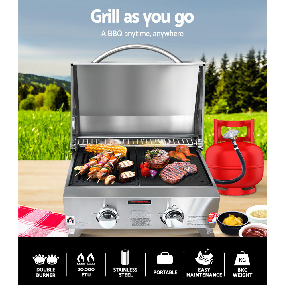 Grillz Portable Gas BBQ with two burners, stainless steel construction, and foldable design, perfect for outdoor cooking.