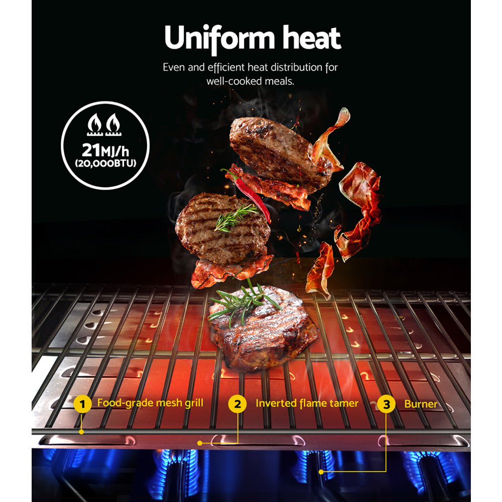 Grillz Portable Gas BBQ with two burners, stainless steel construction, and foldable design, perfect for outdoor cooking.