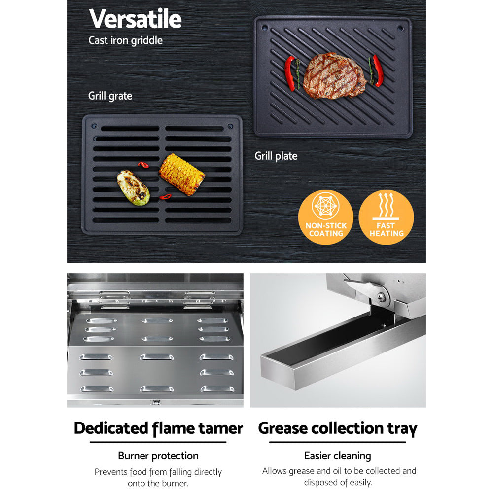 Grillz Portable Gas BBQ with two burners, stainless steel construction, and foldable design, perfect for outdoor cooking.