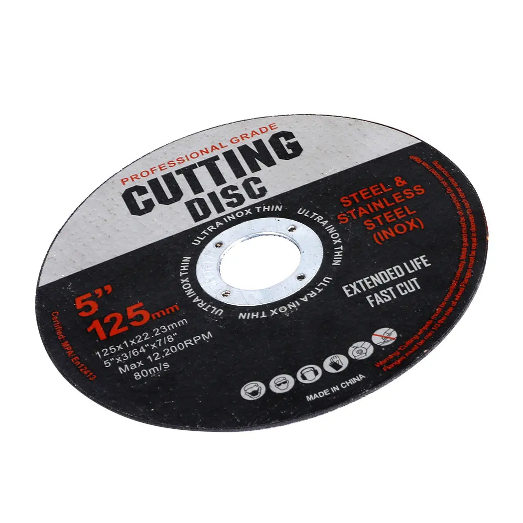 5-inch cutting disc for angle grinder, made of aluminum oxide with a steel-reinforced center ring, designed for precision metal cutting.