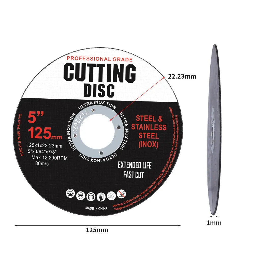 5-inch cutting disc for angle grinder, made of aluminum oxide with a steel-reinforced center ring, designed for precision metal cutting.