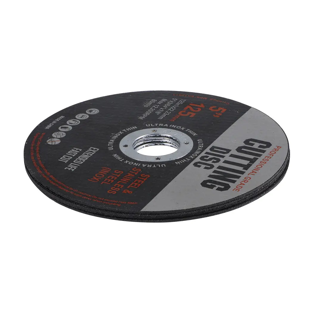 5-inch cutting disc for angle grinder, made of aluminum oxide with a steel-reinforced center ring, designed for precision metal cutting.
