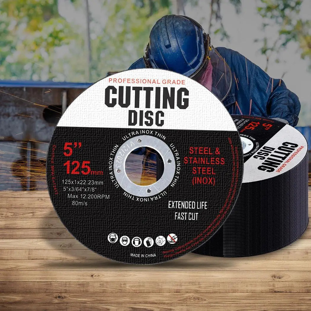 5-inch cutting disc for angle grinder, made of aluminum oxide with a steel-reinforced center ring, designed for precision metal cutting.