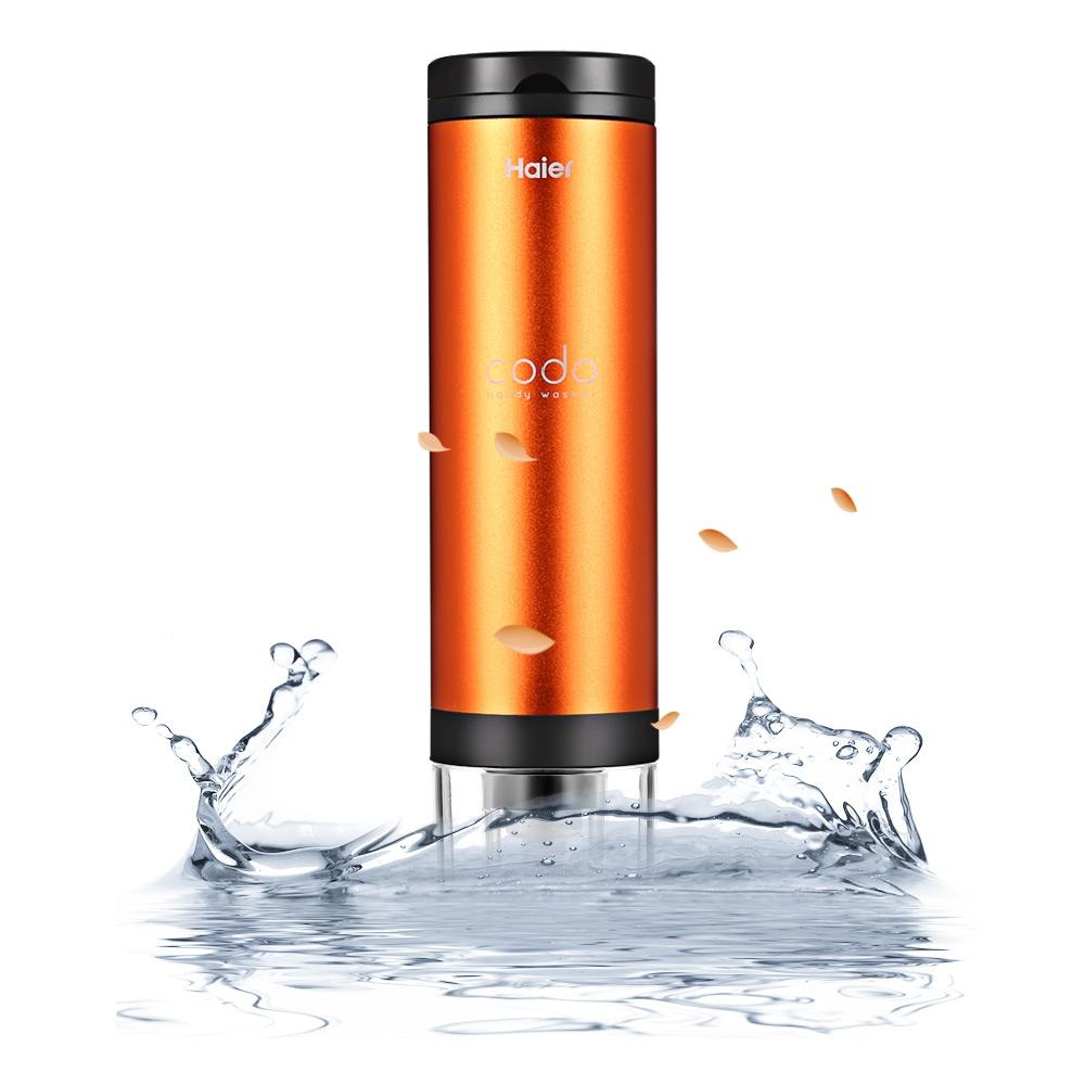 Haier MXG1C Codo Mini Washing Machine in a compact design, showcasing its portable features and squeeze-wash technology.