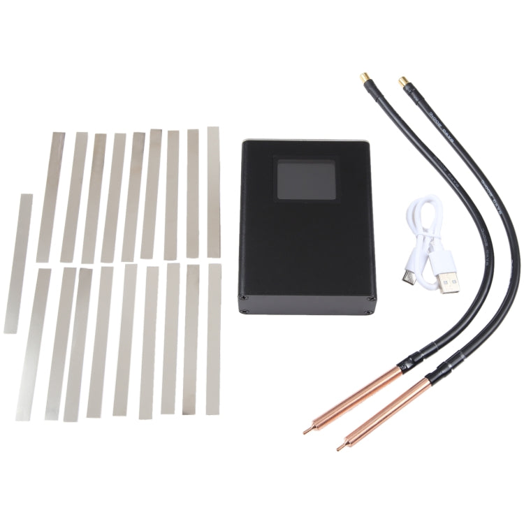 Handheld Spot Welder Machine with welding pens and battery, designed for nickel welding.