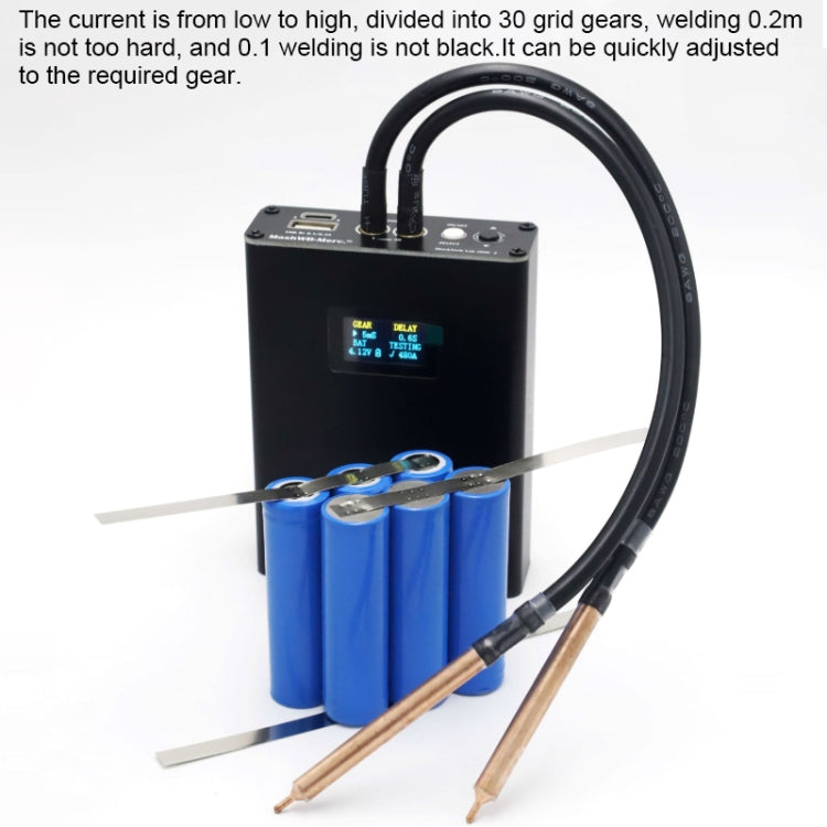 Handheld Spot Welder Machine with welding pens and battery, designed for nickel welding.