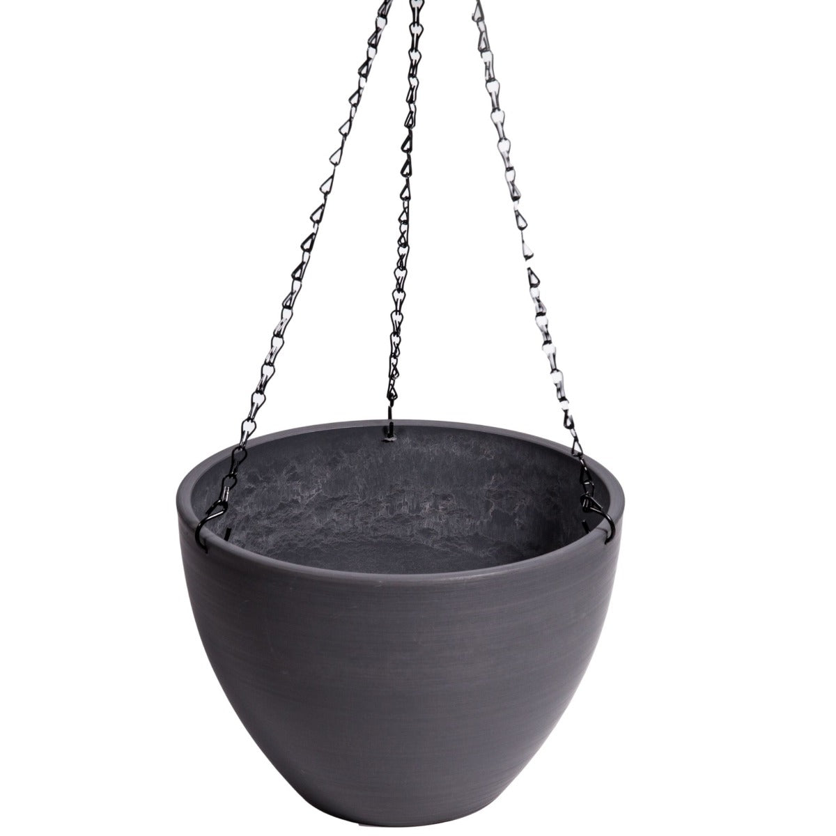 Hanging Grey Plastic Pot with Chain, 30cm, showcasing its elegant design and durable materials.