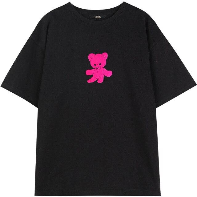 Harajuku Bear Print Casual Pullover T-Shirt for women in vibrant colors, featuring a cute bear design and short sleeves.