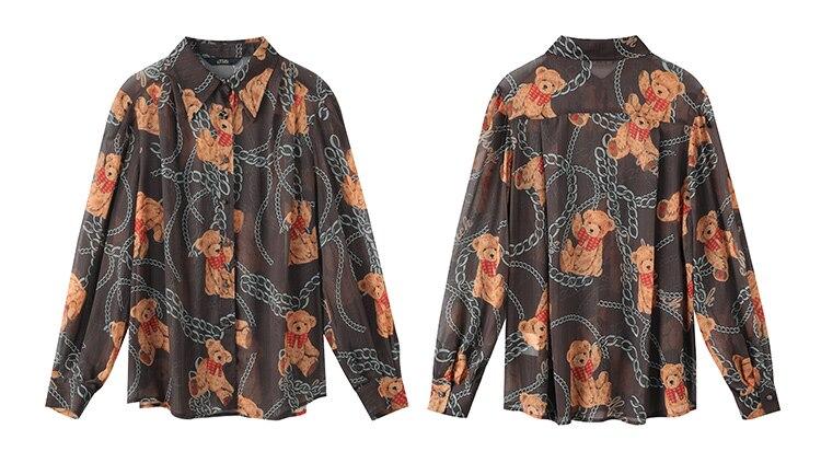 A stylish women's casual shirt featuring a cute bear print, perfect for winter wear, made from soft cotton fabric.
