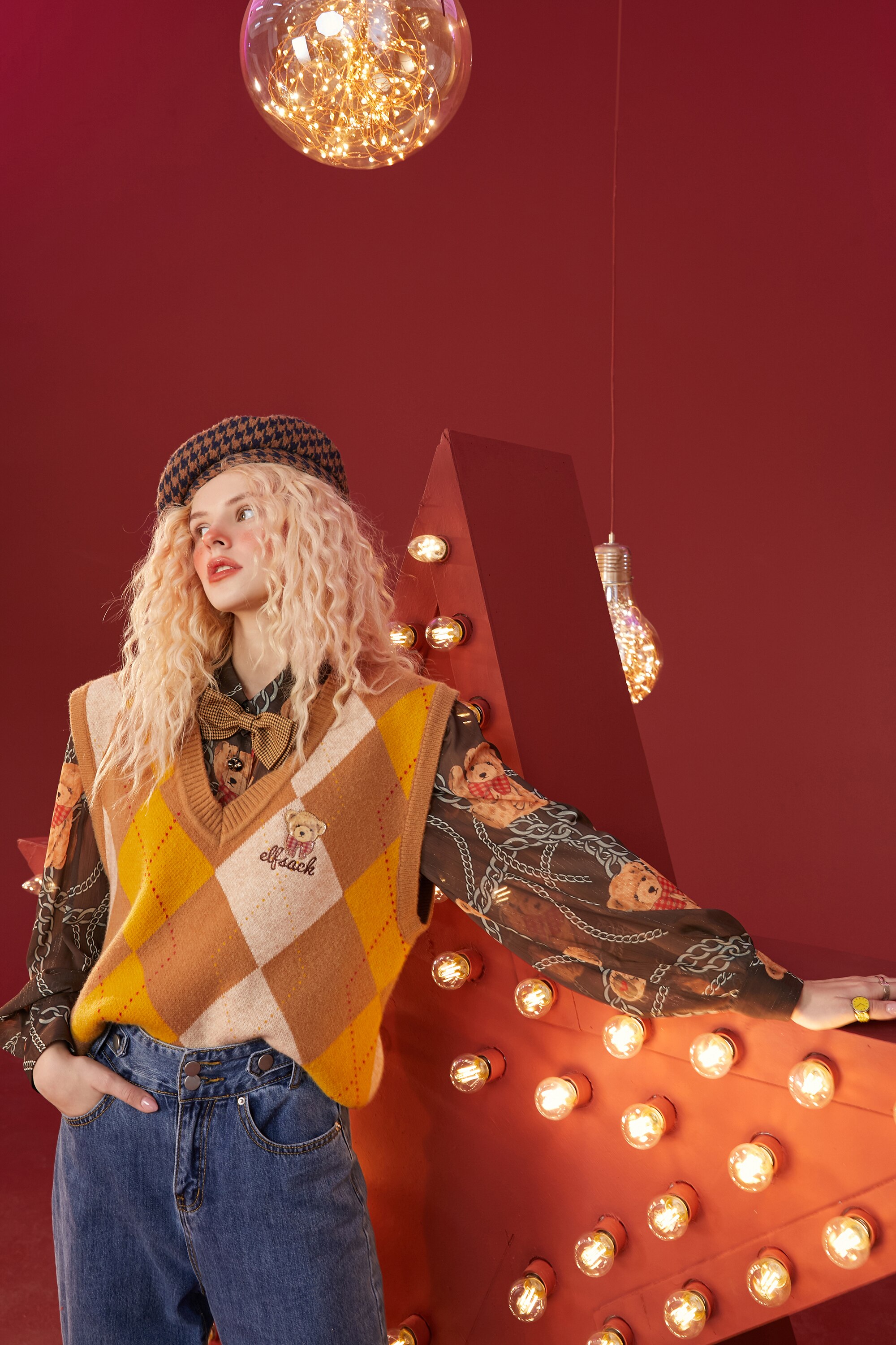 A stylish women's casual shirt featuring a cute bear print, perfect for winter wear, made from soft cotton fabric.