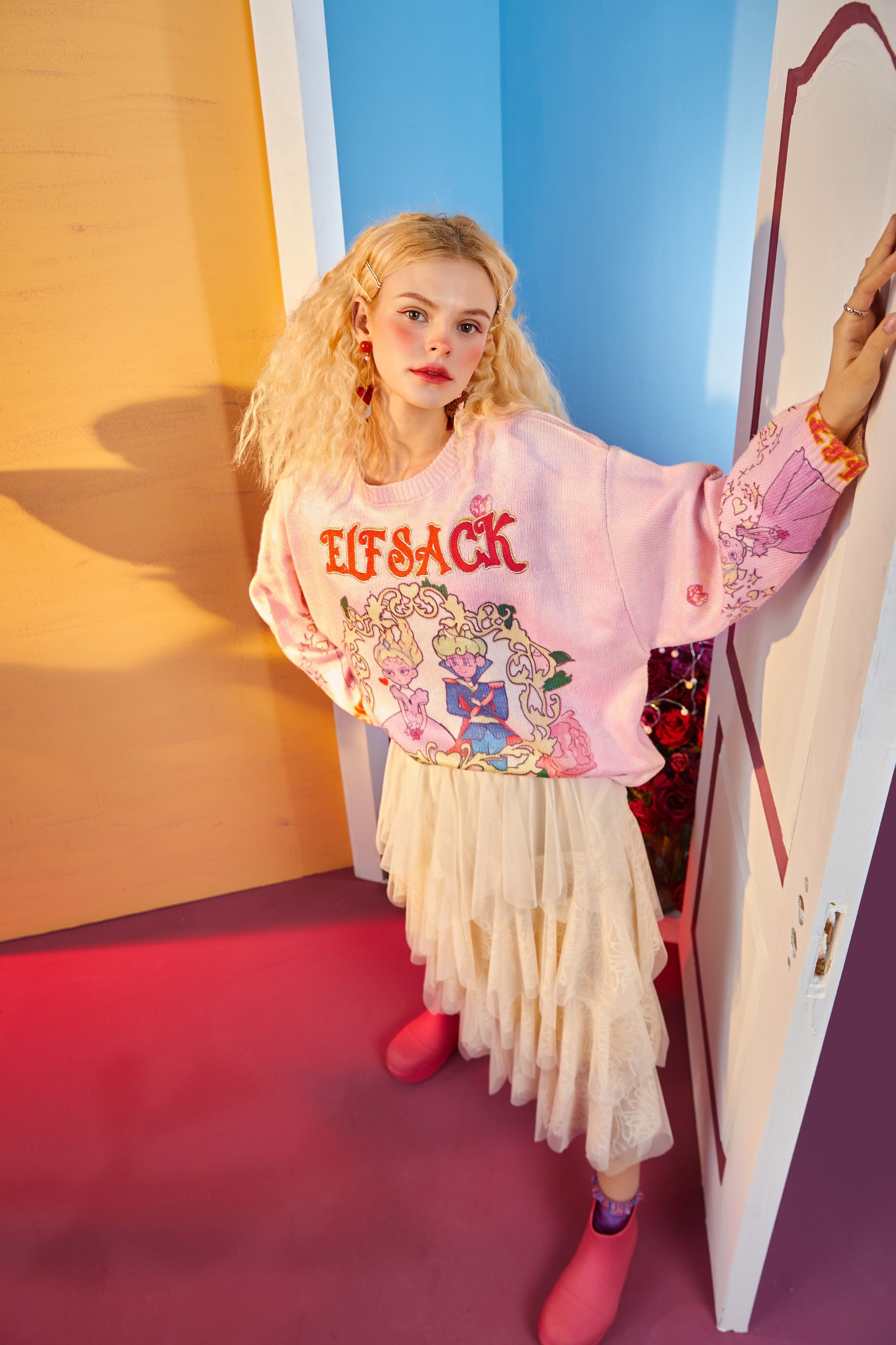 Harajuku Cartoon Jacquard Casual Pullover Knit Sweater for women in pink, featuring a playful cartoon design and comfortable fit.