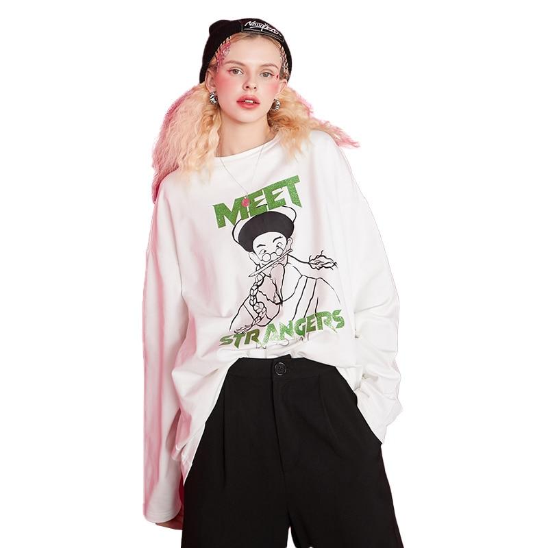 Harajuku Cartoon Print Casual Pullover T-Shirt for women, featuring a vibrant cartoon design on a white background, perfect for spring and autumn wear.