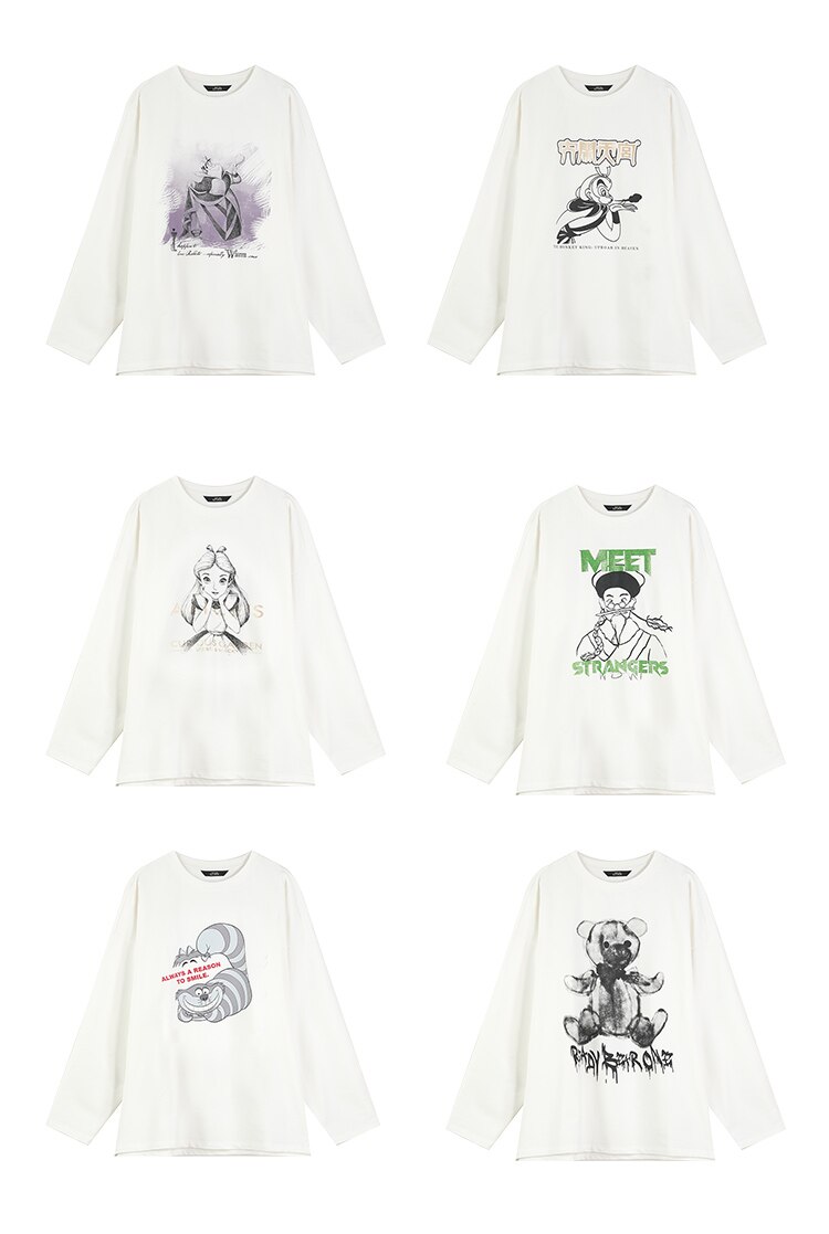Harajuku Cartoon Print Casual Pullover T-Shirt for women, featuring a vibrant cartoon design on a white background, perfect for spring and autumn wear.
