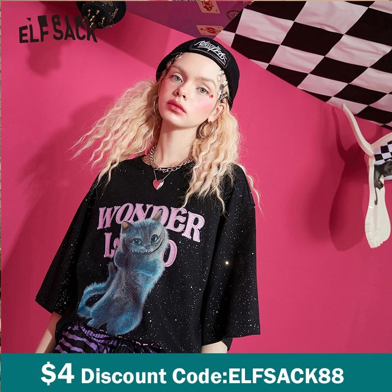 Harajuku Cat Print Casual T-Shirt for women in black, featuring a playful cat graphic and short sleeves, perfect for spring and autumn wear.