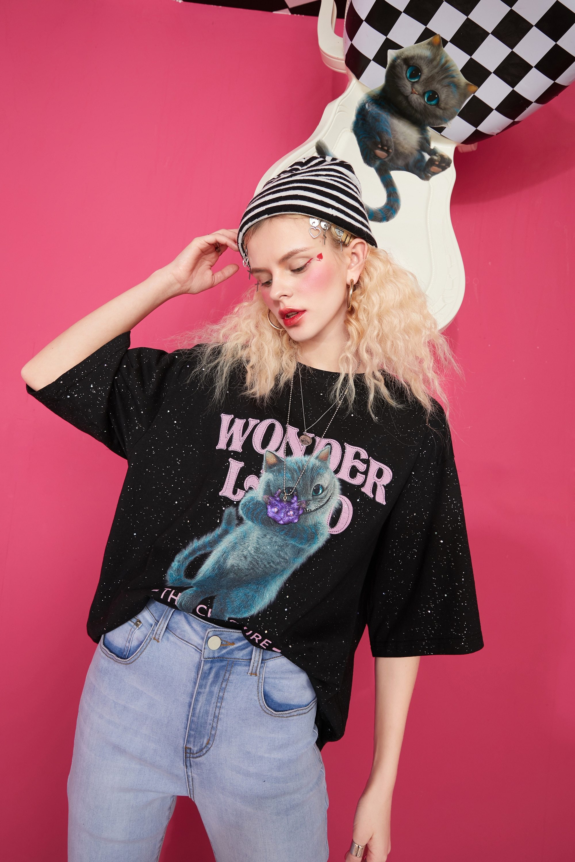 Harajuku Cat Print Casual T-Shirt for women in black, featuring a playful cat graphic and short sleeves, perfect for spring and autumn wear.