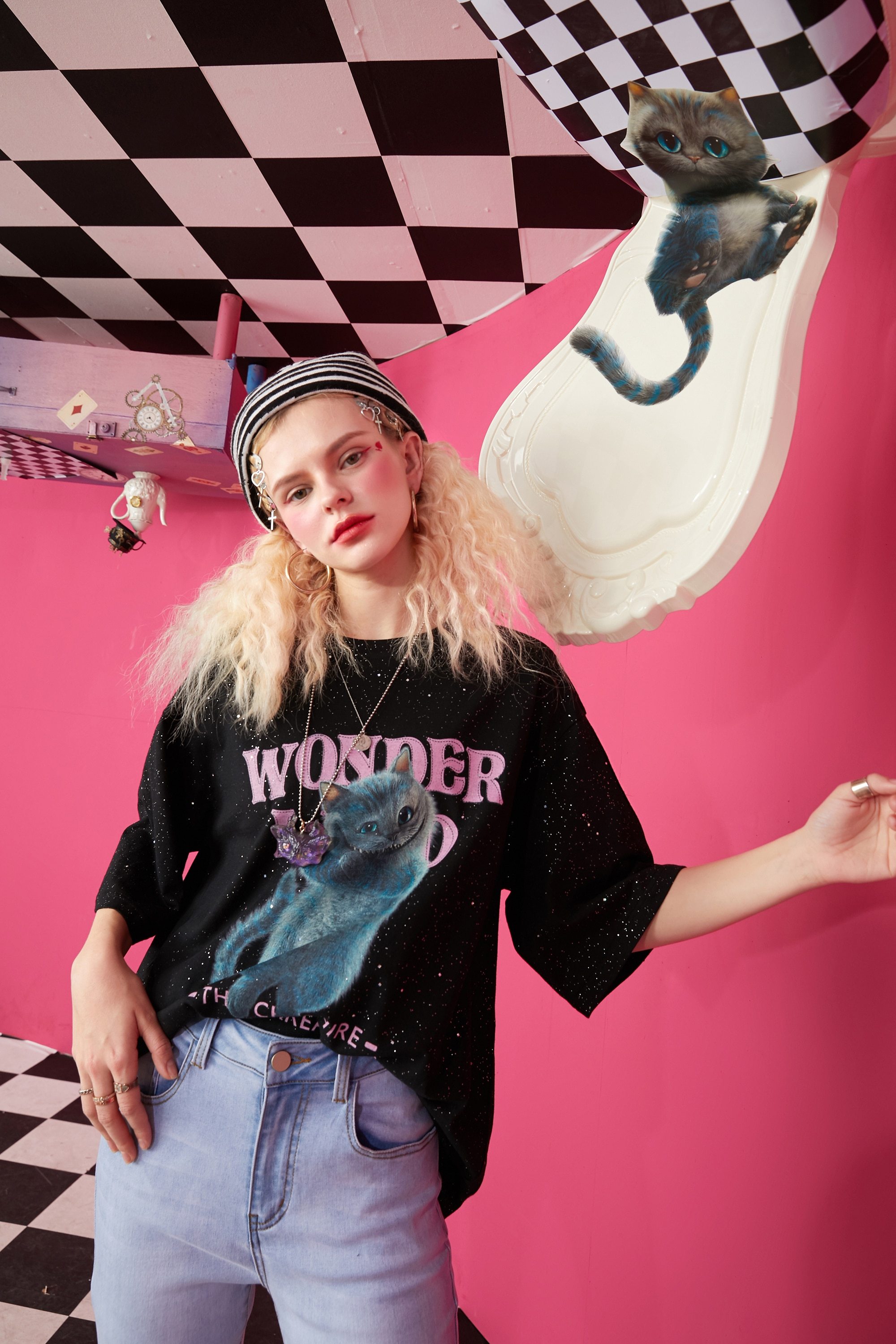 Harajuku Cat Print Casual T-Shirt for women in black, featuring a playful cat graphic and short sleeves, perfect for spring and autumn wear.