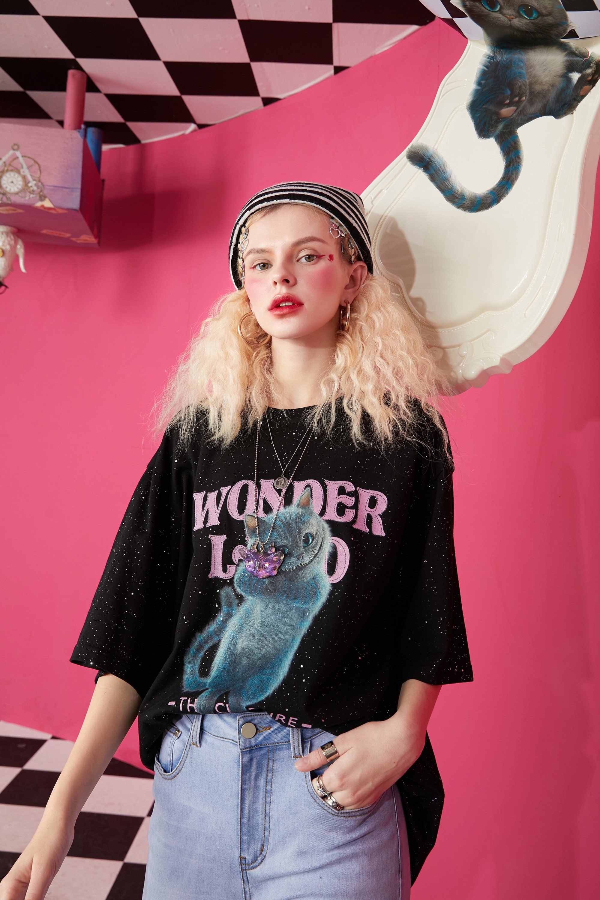 Harajuku Cat Print Casual T-Shirt for women in black, featuring a playful cat graphic and short sleeves, perfect for spring and autumn wear.