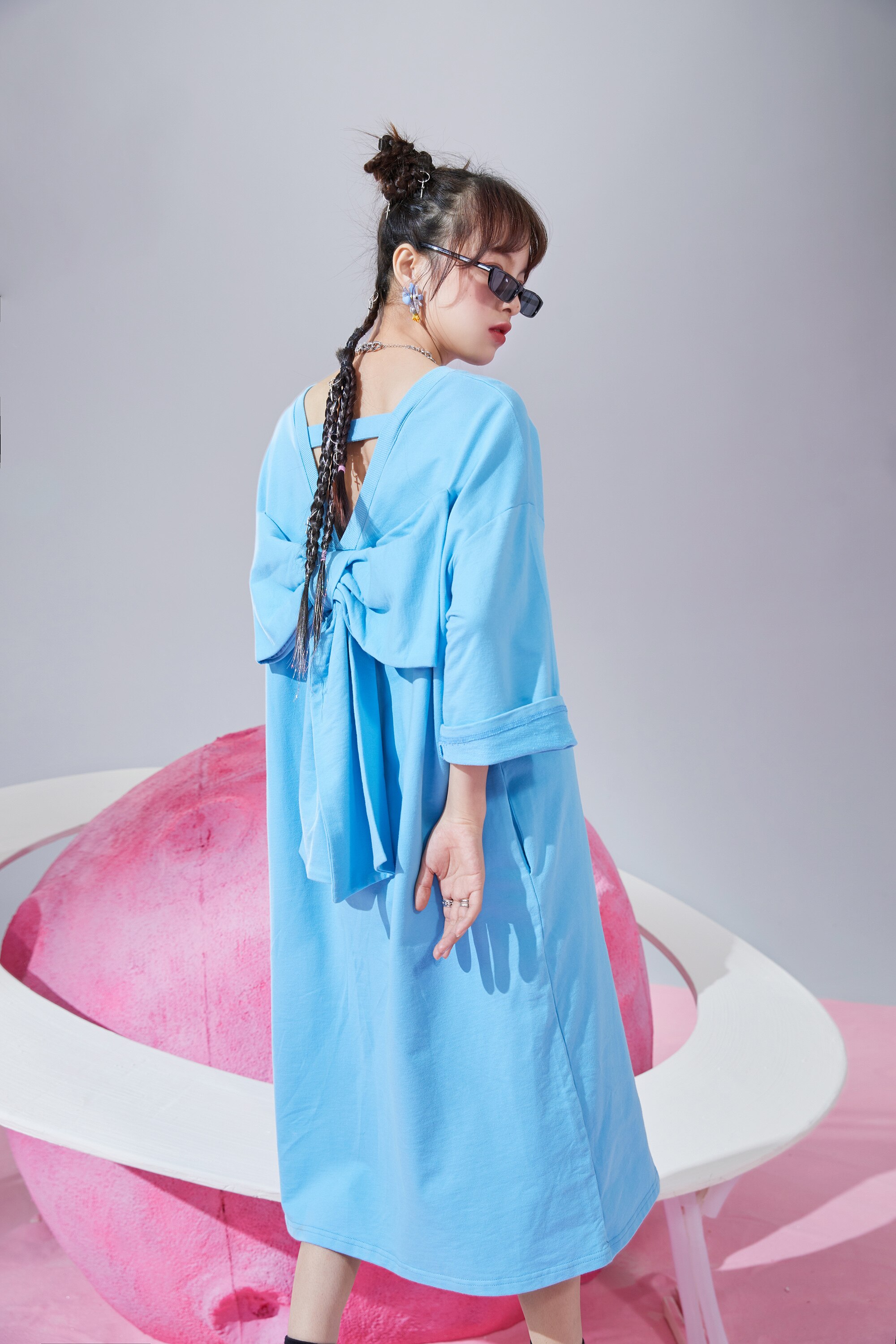 Harajuku Graphic Print Straight Casual Vintage Dress for women, featuring a backless design with a bow, knee-length cut, and vibrant print.