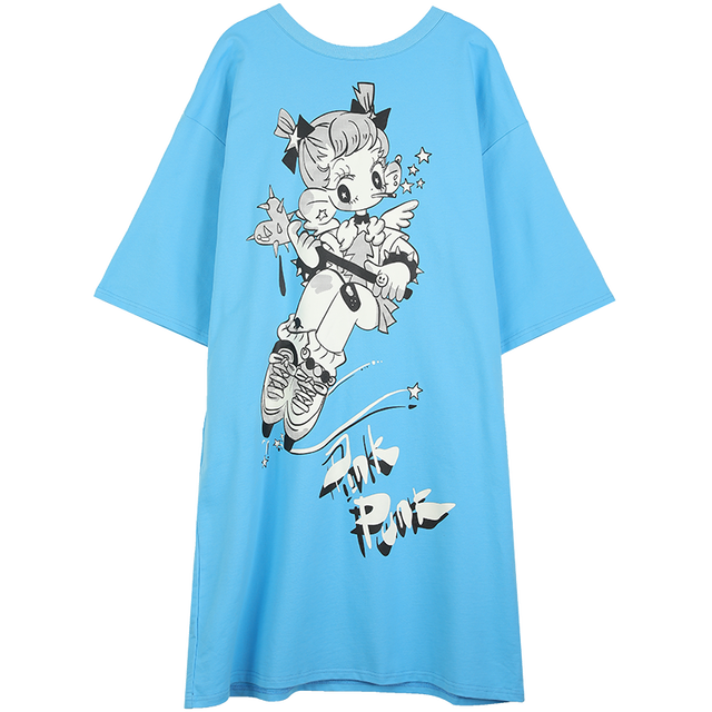 Harajuku Graphic Print Straight Casual Vintage Dress for women, featuring a backless design with a bow, knee-length cut, and vibrant print.