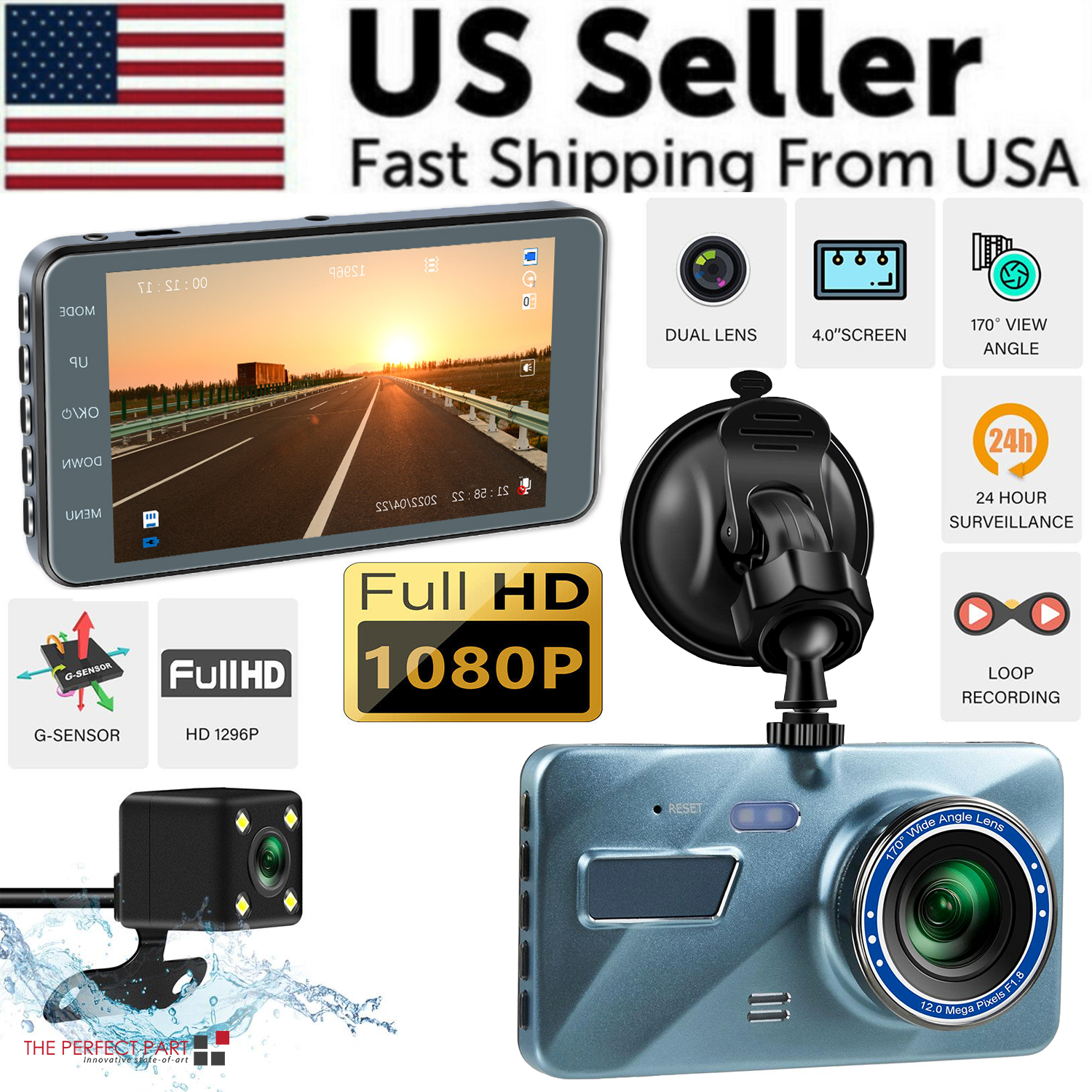 HD 1080P Car Dual Lens Dash Cam with 4-inch display, front and rear cameras, showcasing its sleek design and advanced features.