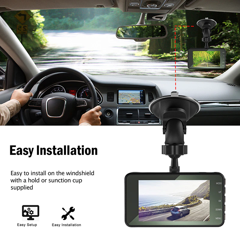 HD 1080P Car Dual Lens Dash Cam with 4-inch display, front and rear cameras, showcasing its sleek design and advanced features.