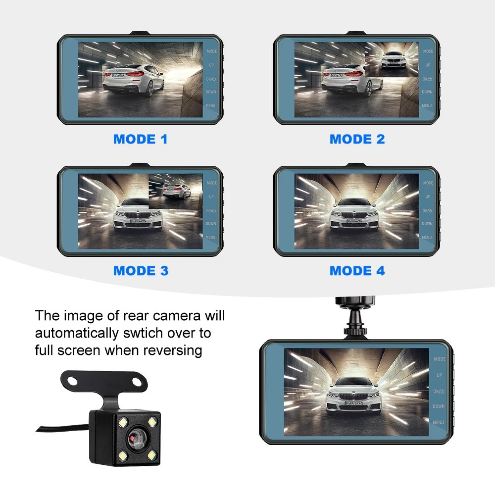 HD 1080P Car Dual Lens Dash Cam with 4-inch display, front and rear cameras, showcasing its sleek design and advanced features.