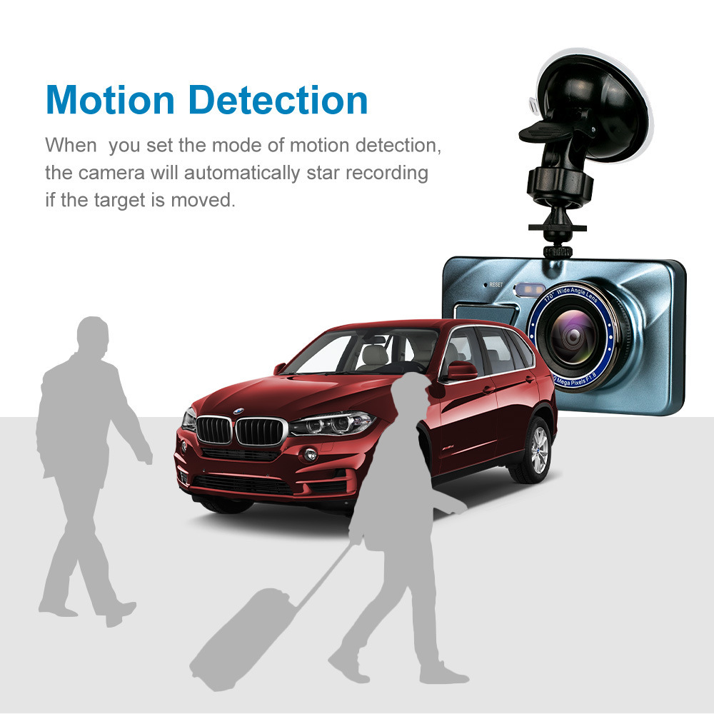 HD 1080P Car Dual Lens Dash Cam with 4-inch display, front and rear cameras, showcasing its sleek design and advanced features.