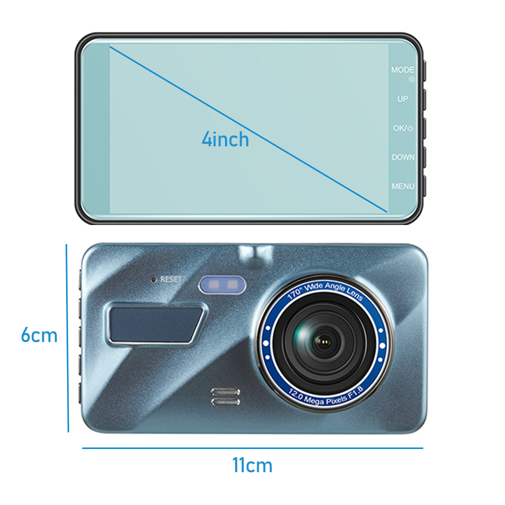 HD 1080P Car Dual Lens Dash Cam with 4-inch display, front and rear cameras, showcasing its sleek design and advanced features.
