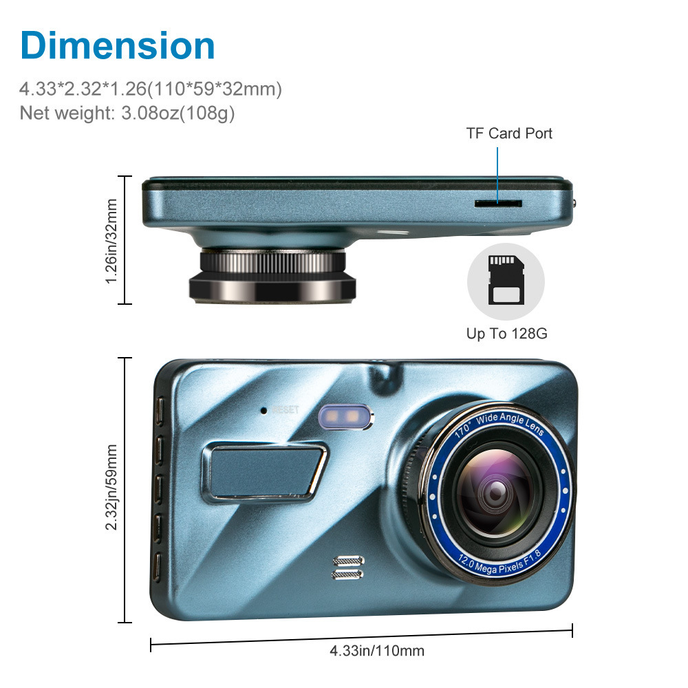HD 1080P Car Dual Lens Dash Cam with 4-inch display, front and rear cameras, showcasing its sleek design and advanced features.