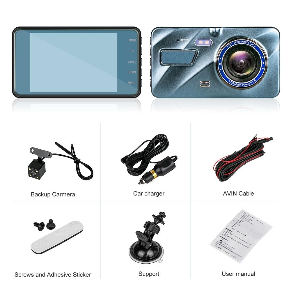 HD 1080P Car Dual Lens Dash Cam with 4-inch display, front and rear cameras, showcasing its sleek design and advanced features.
