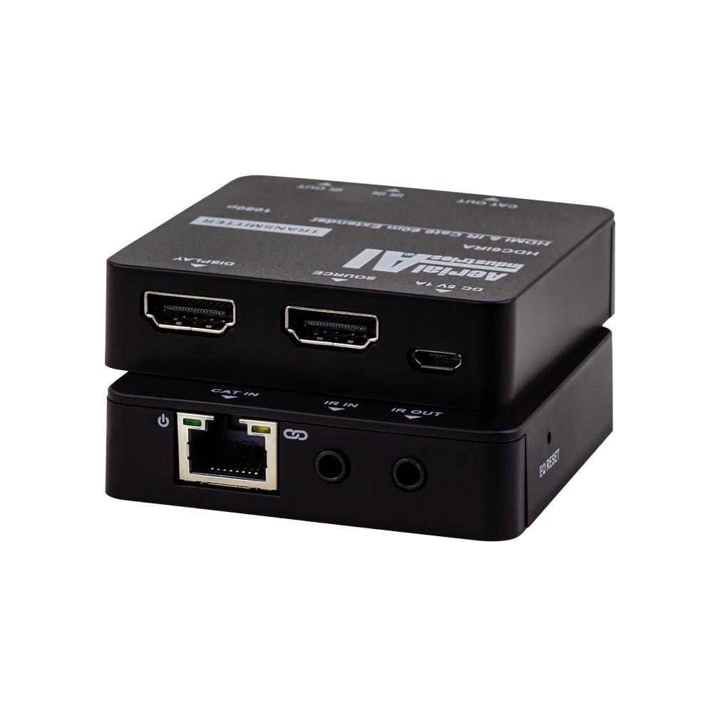 HDMI Extender Over Cat 5e with IR Repeater and HDMI In Loop, showcasing compact design and included components.