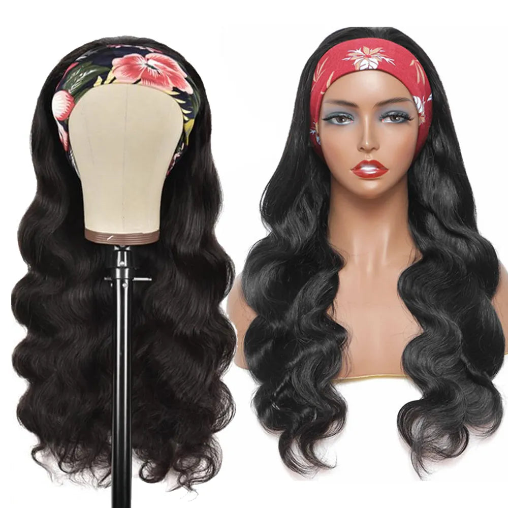 Headband wig made from 100% Remy human hair with body wave texture, showcasing natural black color and 180% density.