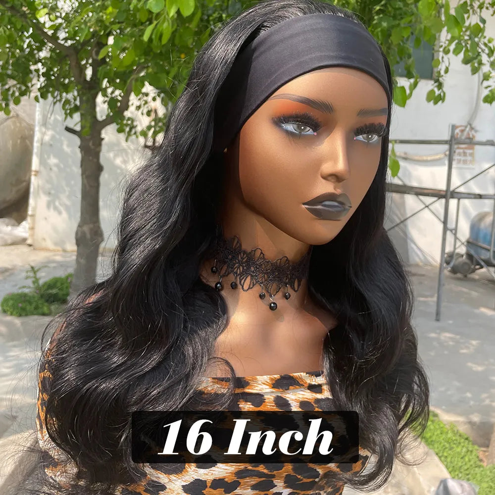 Headband wig made from 100% Remy human hair with body wave texture, showcasing natural black color and 180% density.