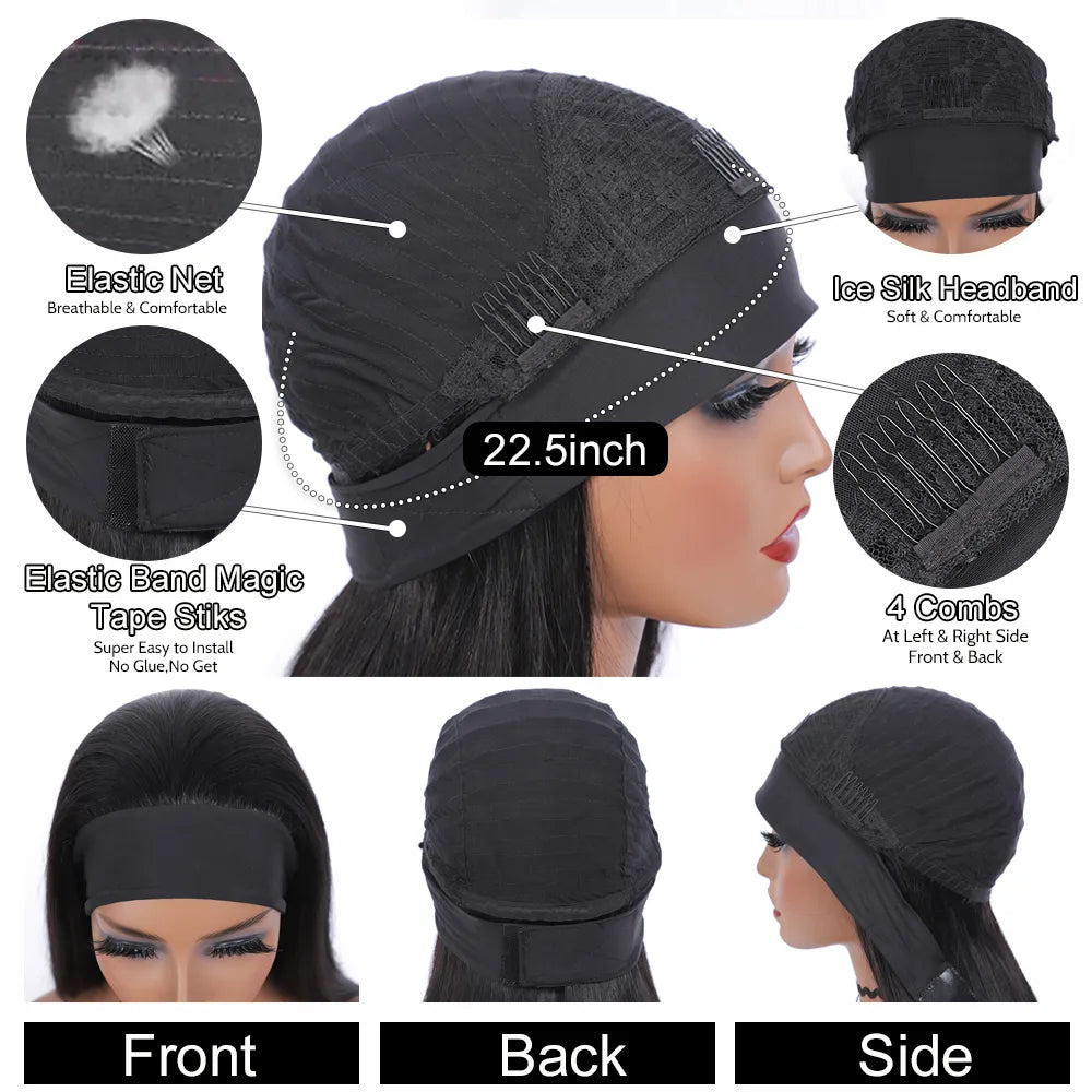 Headband wig made from 100% Remy human hair with body wave texture, showcasing natural black color and 180% density.