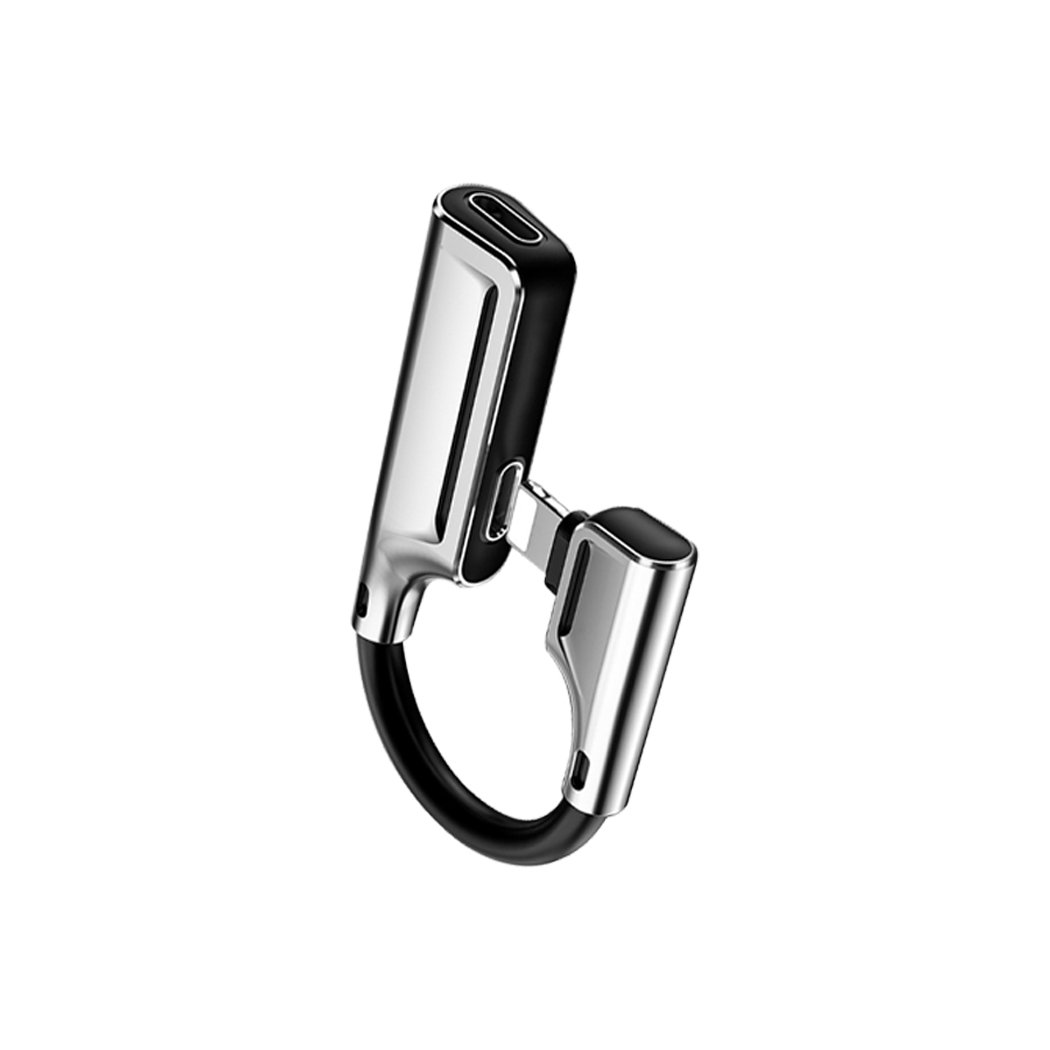 Headphone Adapter Lightning Jack Audio Charger Splitter for iPhone 7 and 8, featuring dual ports for simultaneous audio and charging.