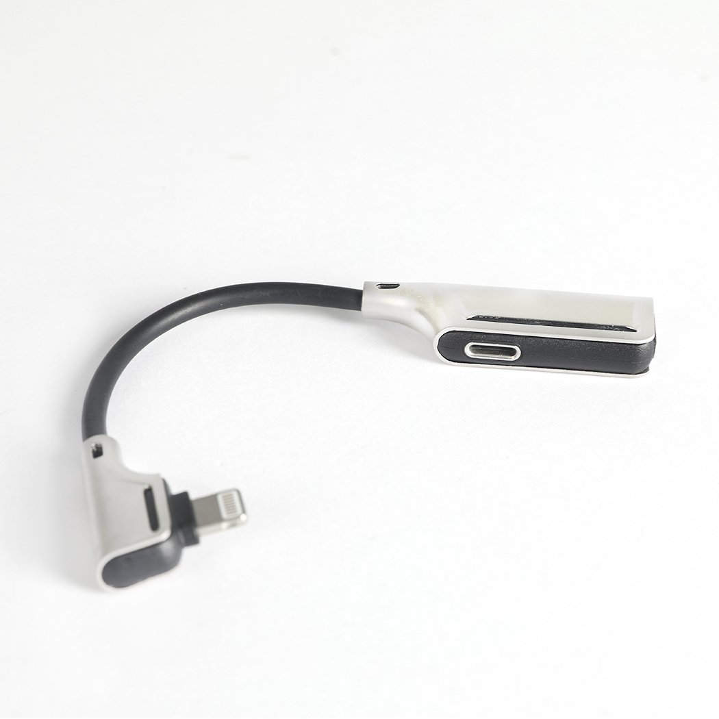 Headphone Adapter Lightning Jack Audio Charger Splitter for iPhone 7 and 8, featuring dual ports for simultaneous audio and charging.