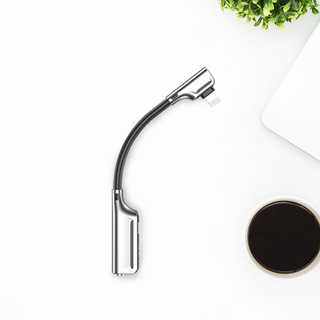 Headphone Adapter Lightning Jack Audio Charger Splitter for iPhone 7 and 8, featuring dual ports for simultaneous audio and charging.