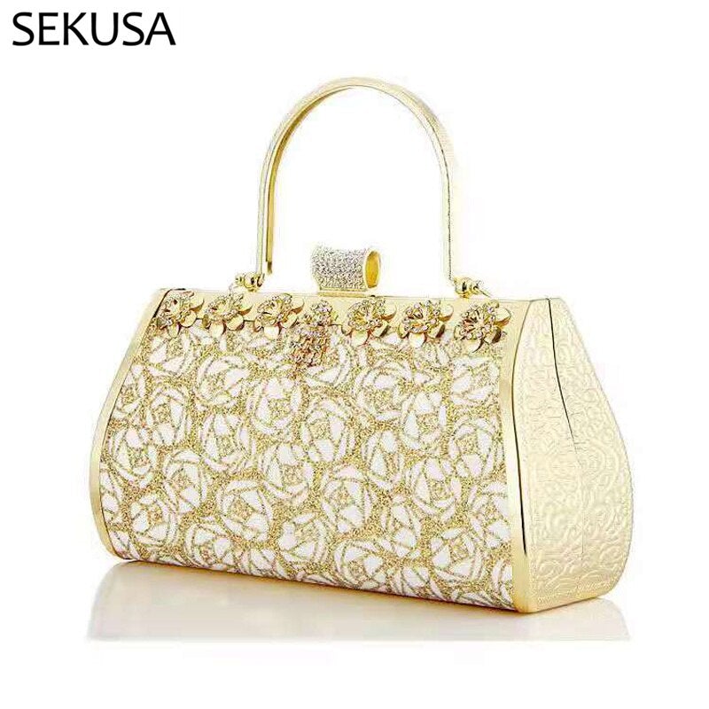 Heart Diamonds women's handbag featuring a golden chain shoulder strap and geometric pattern, perfect for parties and weddings.