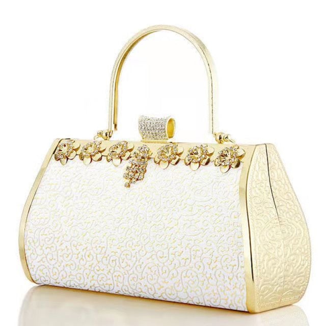 Heart Diamonds women's handbag featuring a golden chain shoulder strap and geometric pattern, perfect for parties and weddings.