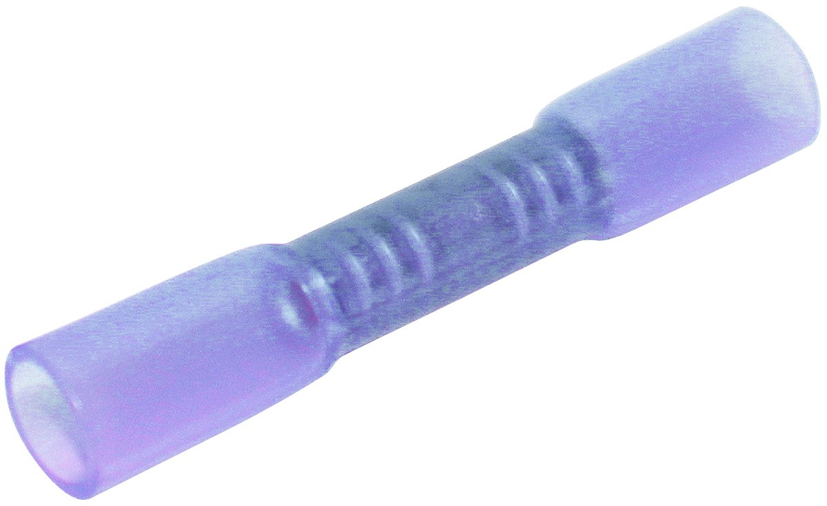 A pack of Heat Shrinkable Waterproof Pre-Insulated Blue Double Grip Butt Splices, showcasing their blue color and packaging.