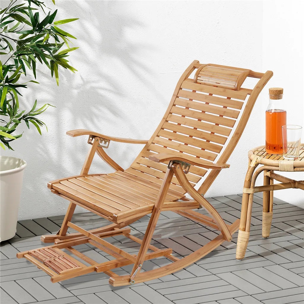 Heavy Duty Bamboo Rocking Chair showcasing its elegant design and sturdy construction, perfect for relaxation and leisure.