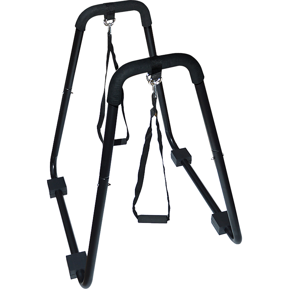 Heavy Duty Body Press Core Bars Push Up Home Gym Parallette Stand with foam grips and suspension straps, designed for strength training.