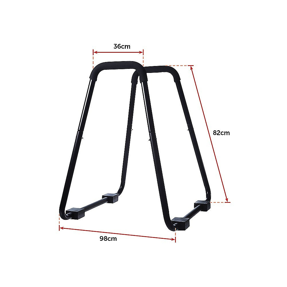 Heavy Duty Body Press Core Bars Push Up Home Gym Parallette Stand with foam grips and suspension straps, designed for strength training.