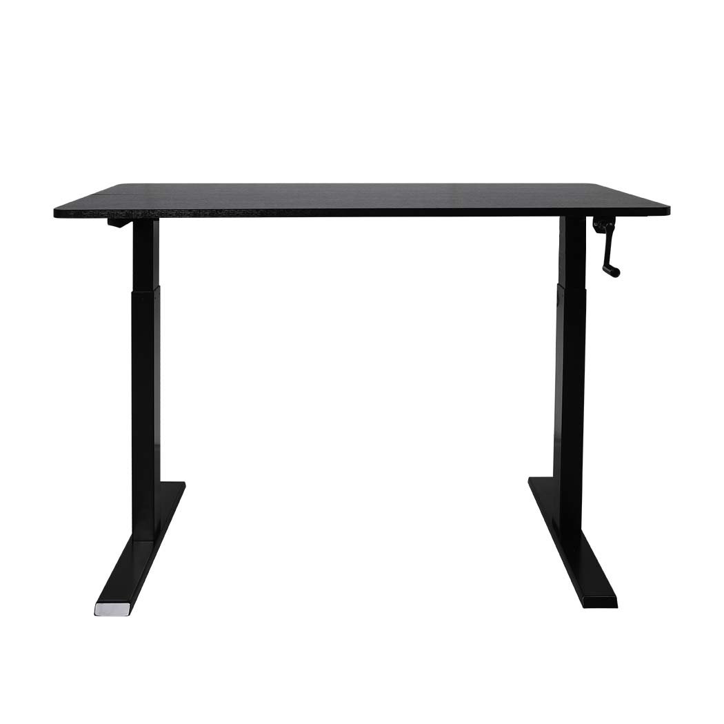 Height Adjustable Desk with a sleek black finish, showcasing its sturdy steel frame and spacious particle board surface.