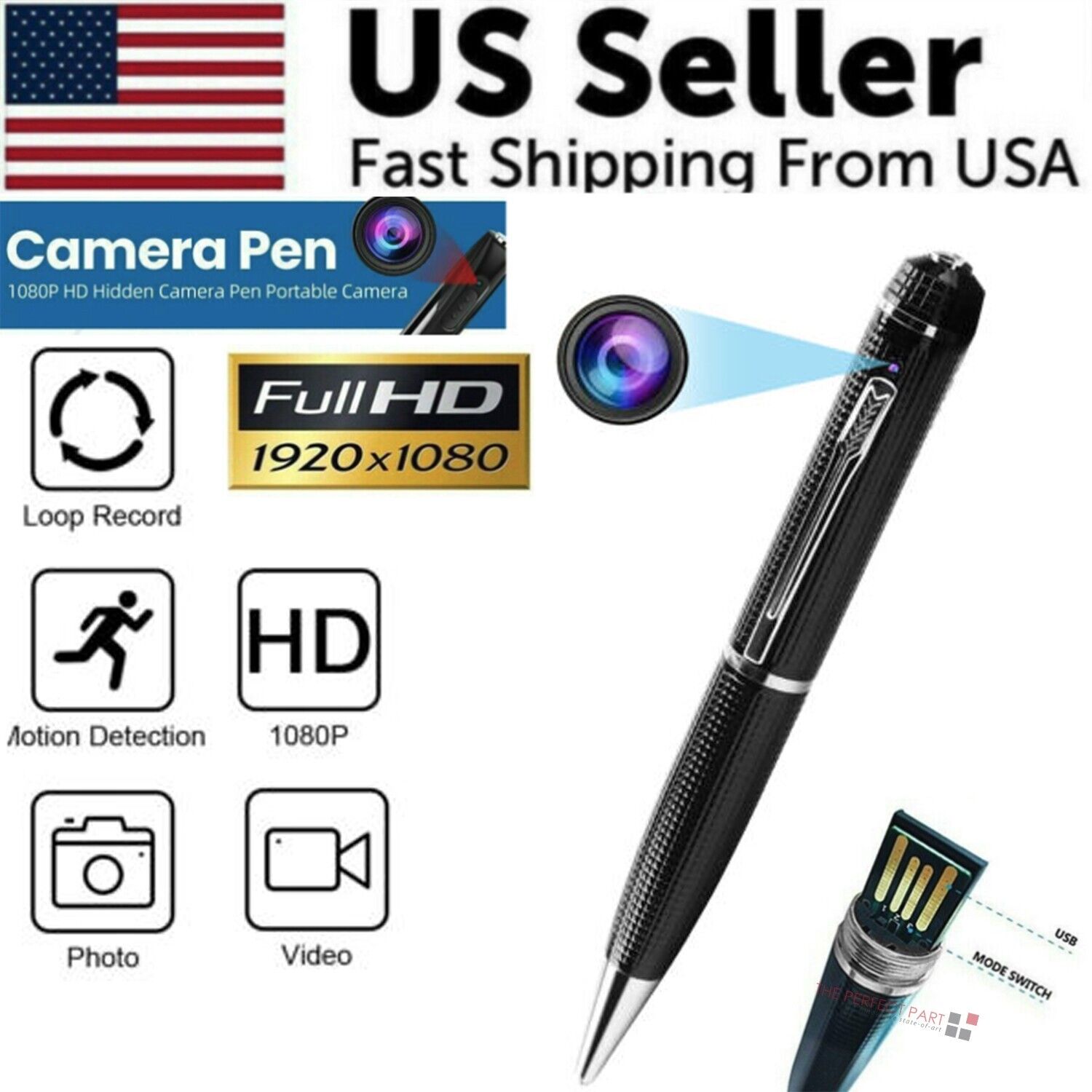 Hidden Cam Pocket Pen Camera 1080P HD, designed to look like a regular pen, featuring a sleek black and silver design.