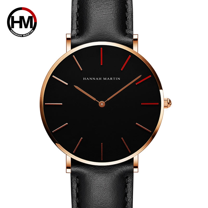 High Quality Japan Quartz Movement Women's Watch in rose gold and black leather, featuring a round case and elegant design.
